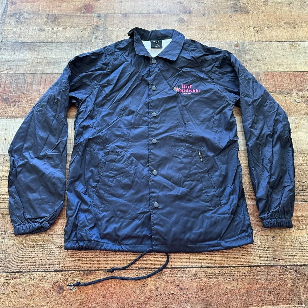 HUF worldwide button jacket navy blue men's small
